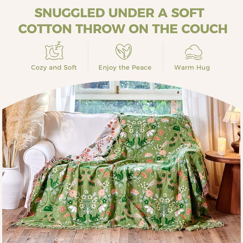 LUTBM Boho Throw Blanket for Bed 100% Cotton Soft Breathable Quilt Room Decor Spring Bed Blankets,Floral Garden Embroidery All Season Green Reversible Blankets for Sofa Couch Chair 90"x98" - Image 5
