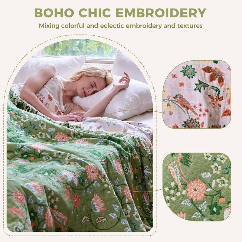 LUTBM Boho Throw Blanket for Bed 100% Cotton Soft Breathable Quilt Room Decor Spring Bed Blankets,Floral Garden Embroidery All Season Green Reversible Blankets for Sofa Couch Chair 90"x98" - Image 4