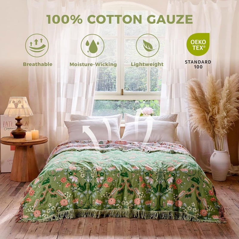 LUTBM Boho Throw Blanket for Bed 100% Cotton Soft Breathable Quilt Room Decor Spring Bed Blankets,Floral Garden Embroidery All Season Green Reversible Blankets for Sofa Couch Chair 90"x98" - Image 3