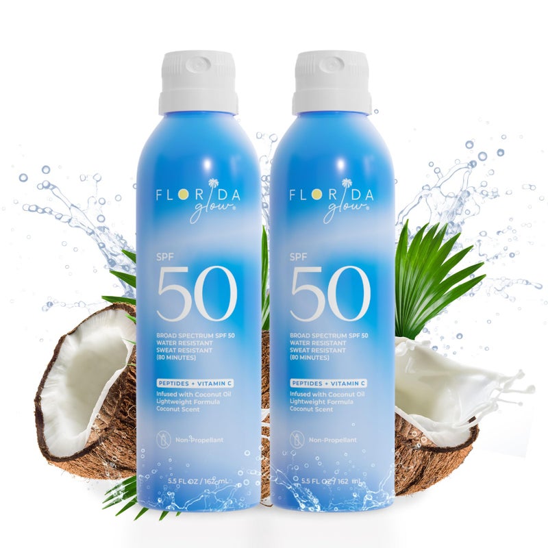 Florida Salt Scrubs Florida Glow SPF 50 Sunscreen Spray Hawaii 104 Reef Act  Florida Keys Compliant Broad Spectrum Water Resistant Sport Sun screen  Child Friendly PABA Free  Oxybenzone Free 55 Fl Oz 2pack