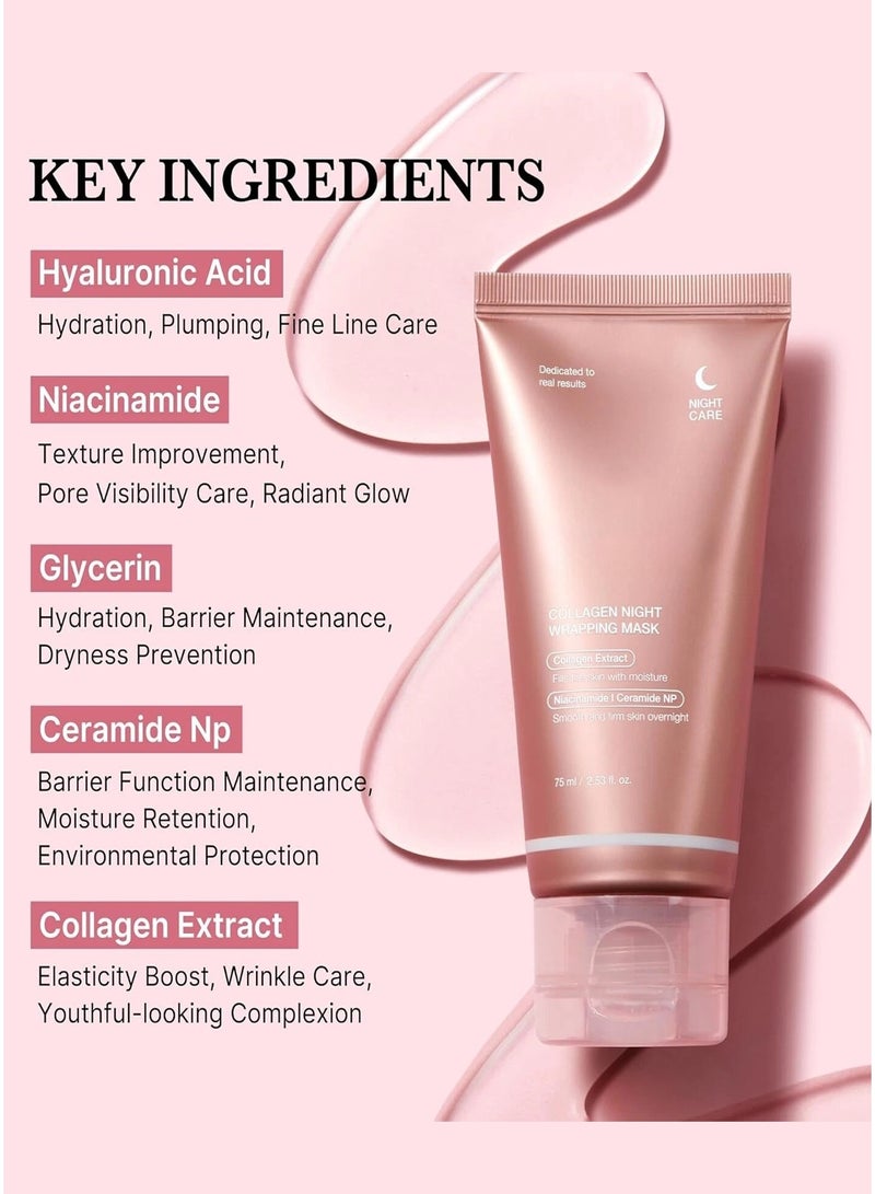 Collagen Overnight Wrapping Peel Off Facial Mask Pack Elasticity & Hydration Care Reduces Sagging & Dullness Hydrolyzed Collagen For Glowing Skin 2.53 fl.oz 75ml - Image 2