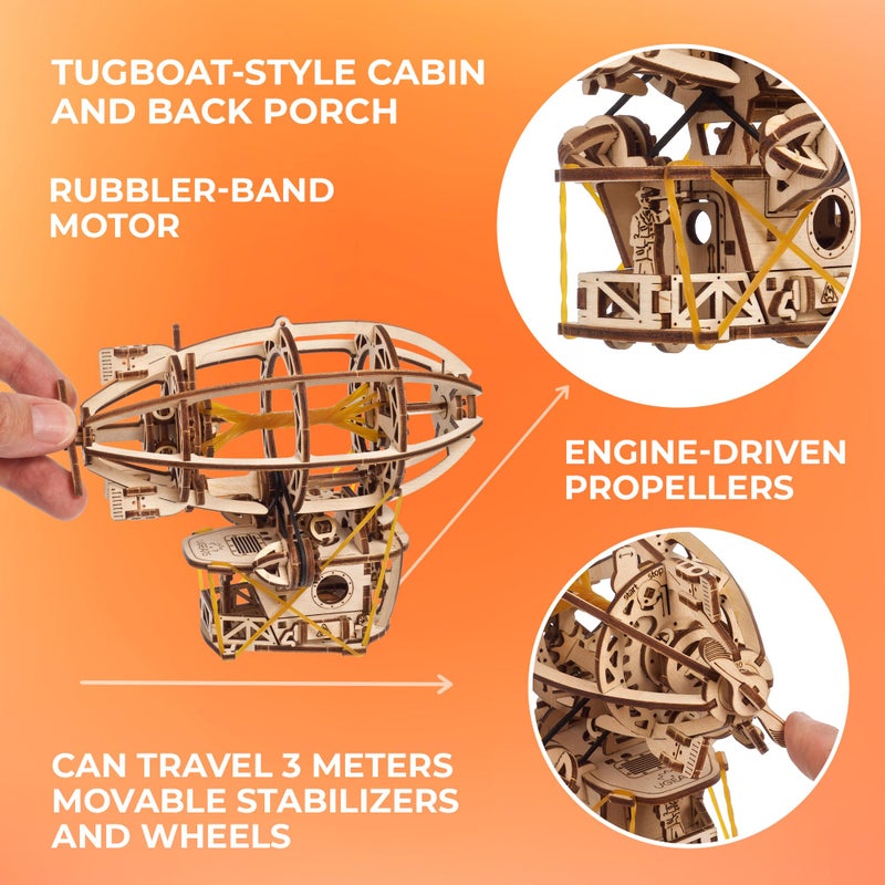 UGEARS Wooden 3D Puzzles for Adults - Steampunk Airship Mini Model Kit - DIY Wooden Zeppelin Puzzle with Rubber Band Motor - Wood Puzzles Models for Adults to Build Easy Assembly - 170 Pcs - Image 4