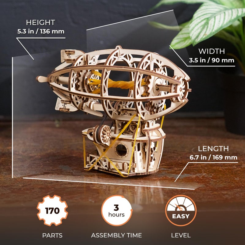 UGEARS Wooden 3D Puzzles for Adults - Steampunk Airship Mini Model Kit - DIY Wooden Zeppelin Puzzle with Rubber Band Motor - Wood Puzzles Models for Adults to Build Easy Assembly - 170 Pcs - Image 2