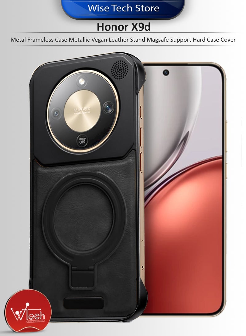 Wtech Honor X9d 5G 2025 Metal Frameless Case Metallic Vegan Leather Stand Magsafe Support Hard Case Cover (MCMPMN) - Black - Image 1