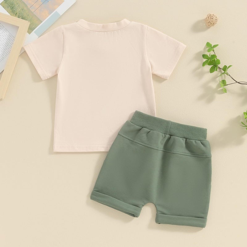 BemeyourBBs Toddler Baby Boy Summer Clothes Letter Graph Short Sleeve T Shirt Elastic Waist Pockets Shorts Set 2 Piece Outfit A little dirt never hurt beige, 12-18 Months - Image 3