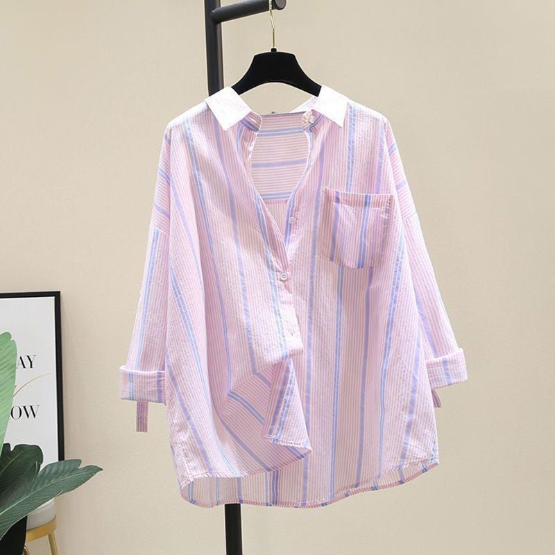 Summer Striped Sun Protection Loose Shirt Pink