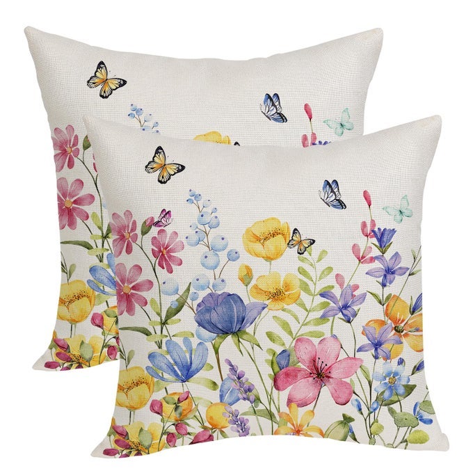 SPRING PILLOW COVERS 18X18 PACK OF 2 COLORFUL FLORAL BUTTERFLY THROW PILLOW COVERSSPRING SUMMER FLORAL PILLOWCASE RUSTIC FARMHOUSE DECORATIVE LINEN CUSHION CASE FOR SOFA COUCH OUTDOORINDOOR
