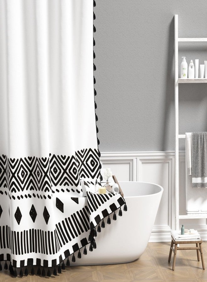 AOFOTO Bohemian Black and White Striped Shower Curtain with Black Tassel Boho Geometric Pattern Shower Curtains for Bathroom Waterproof Fabric Bath Curtain Sets with Hooks 70x84 Inches - Image 1