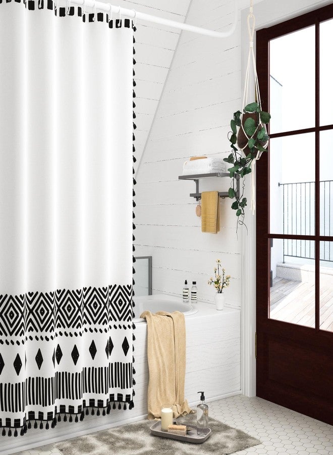 AOFOTO Bohemian Black and White Striped Shower Curtain with Black Tassel Boho Geometric Pattern Shower Curtains for Bathroom Waterproof Fabric Bath Curtain Sets with Hooks 70x84 Inches - Image 4