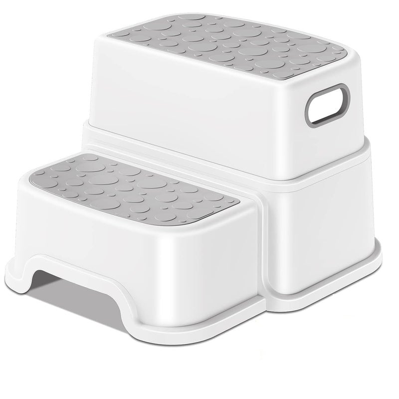 JUMIX 2 Step Stool for Kids Toddler Step Stool Hepler for Bathroom SinkDual Height 95 NonSlip for Potty Training Kitchen Bedroom Classroom Gray White