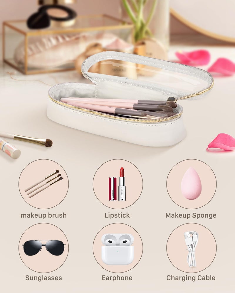 Soimeat Clear Travel Makeup Brush Holder, Leather Makeup Brush Toiletry Bag, Portable Cosmetic Brush Case, Transparent Waterproof Makeup Brush Storage Bag, White - Image 2
