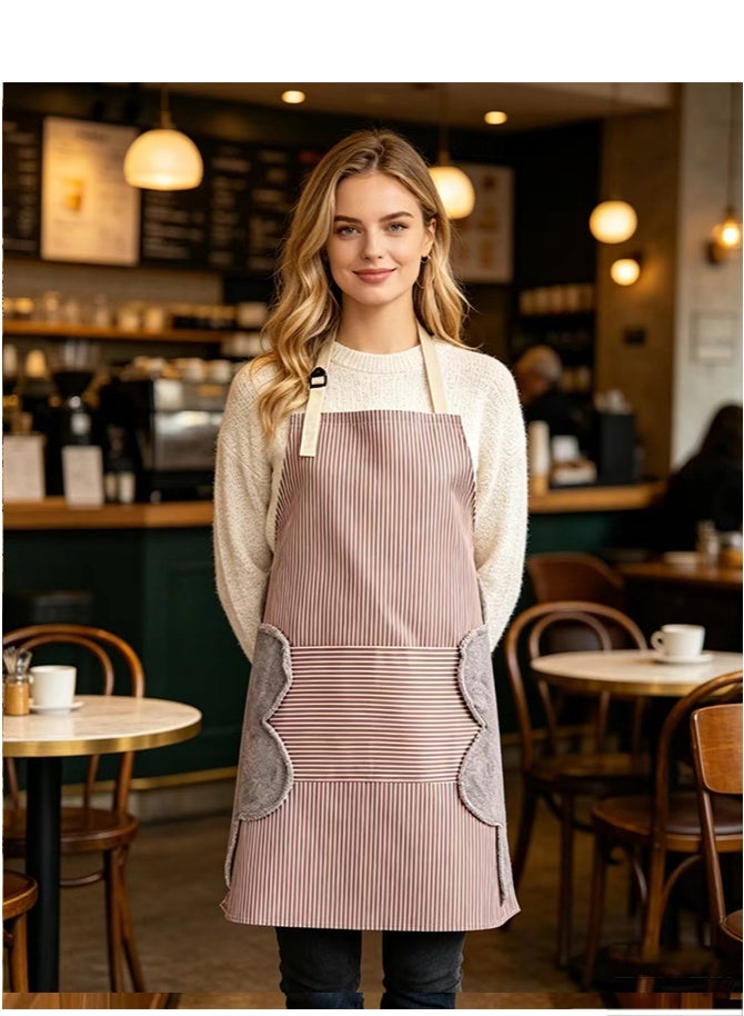 Hoasis Bib Apron with 2 Pockets, Adjustable Kitchen Apron, Side Wipe Hands Coral Velvet Towels, Stitched Pinstripe Waterproof Cooking Baking Apron (Brown) - Image 2