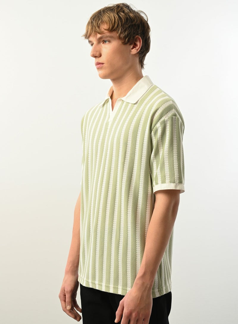 Marrakech Short Sleeves Striped Polo Shirt for Men - Green and White - Image 2