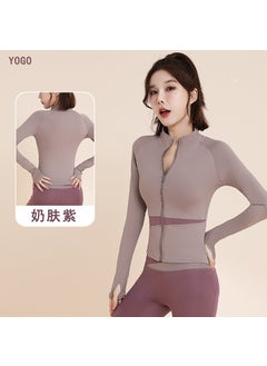 Womens Yoga Suit 2025 New Style Pullover Training Fitness Top Morning Running Quick Dry Sport Color Block Long Sleeve Jacket Milk skin purple [contrast coat]]