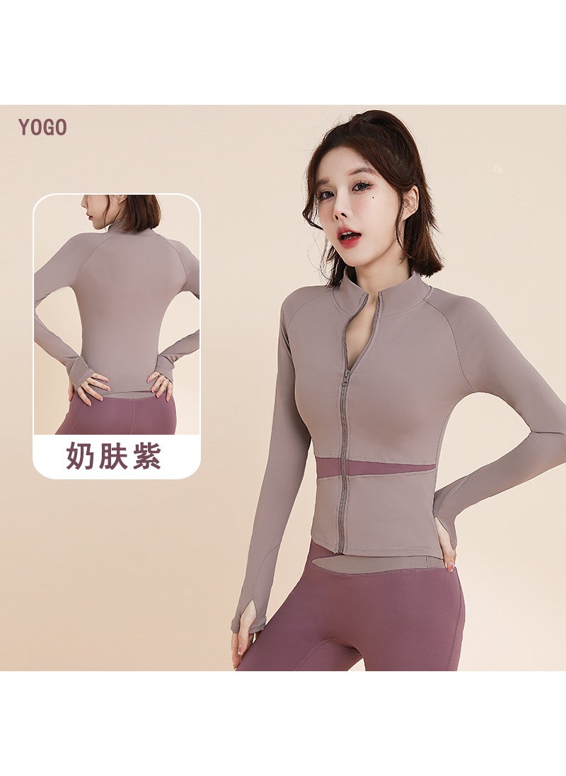 Generic - Womens Yoga Suit 2025 New Style Pullover Training Fitness Top Morning Running Quick Dry Sport Color Block Long Sleeve Jacket Milk skin purple [contrast coat]] - Image 1