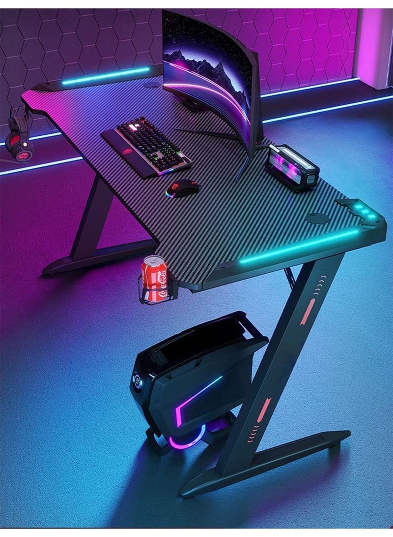 LIMOS Ergonomic Gaming Desk Table with RGB LED Lights with Carbon Fiber Desktop and Cup Holder Headphone Hook Black - Image 1