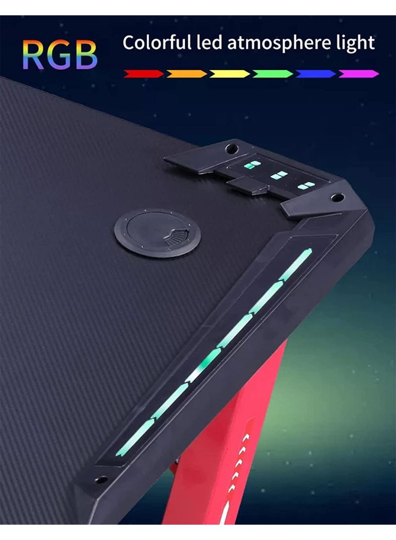 LIMOS Ergonomic Gaming Desk Table with RGB LED Lights with Carbon Fiber Desktop and Cup Holder Headphone Hook Black - Image 3