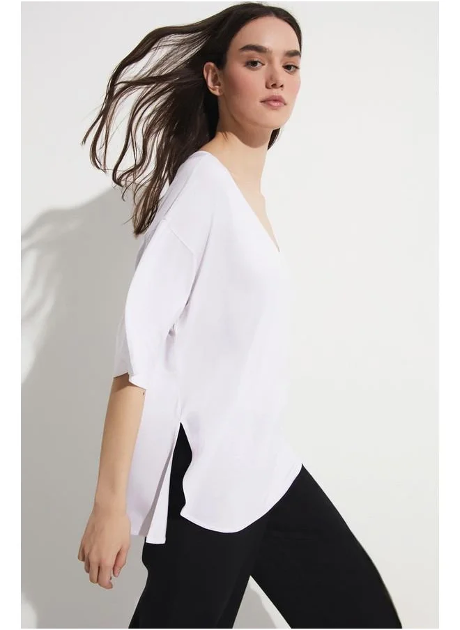 JUNE June V Neck Loose Fit 100% Cotton Tshirt White