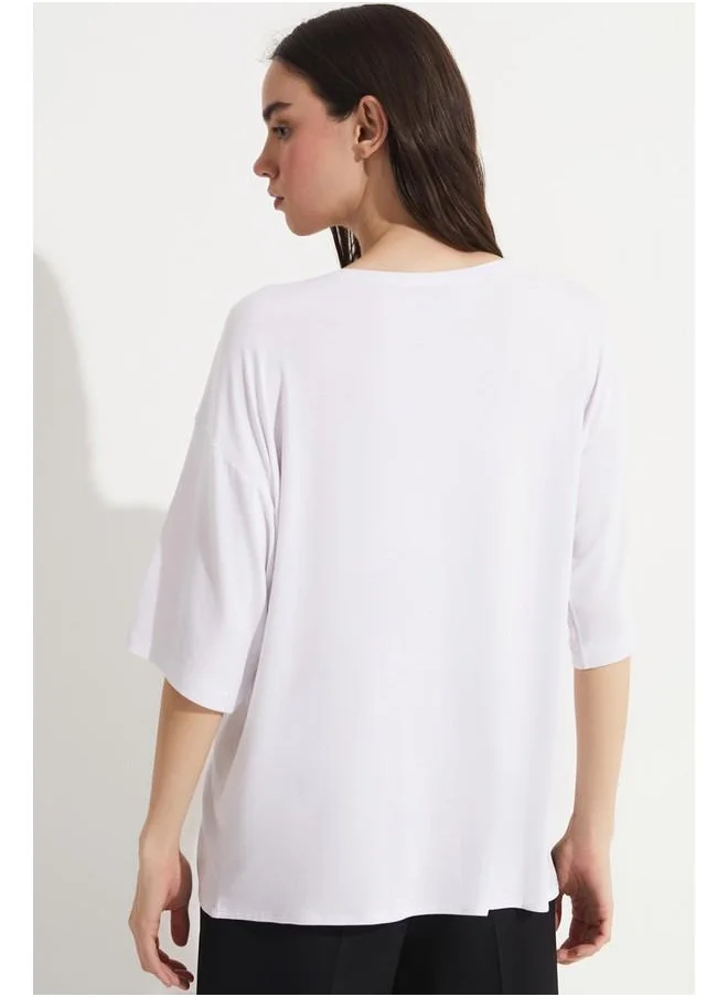 JUNE June V Neck Loose Fit 100% Cotton Tshirt White