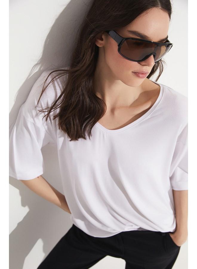 JUNE V Neck Loose Fit 100% Cotton Tshirt White - Image 1