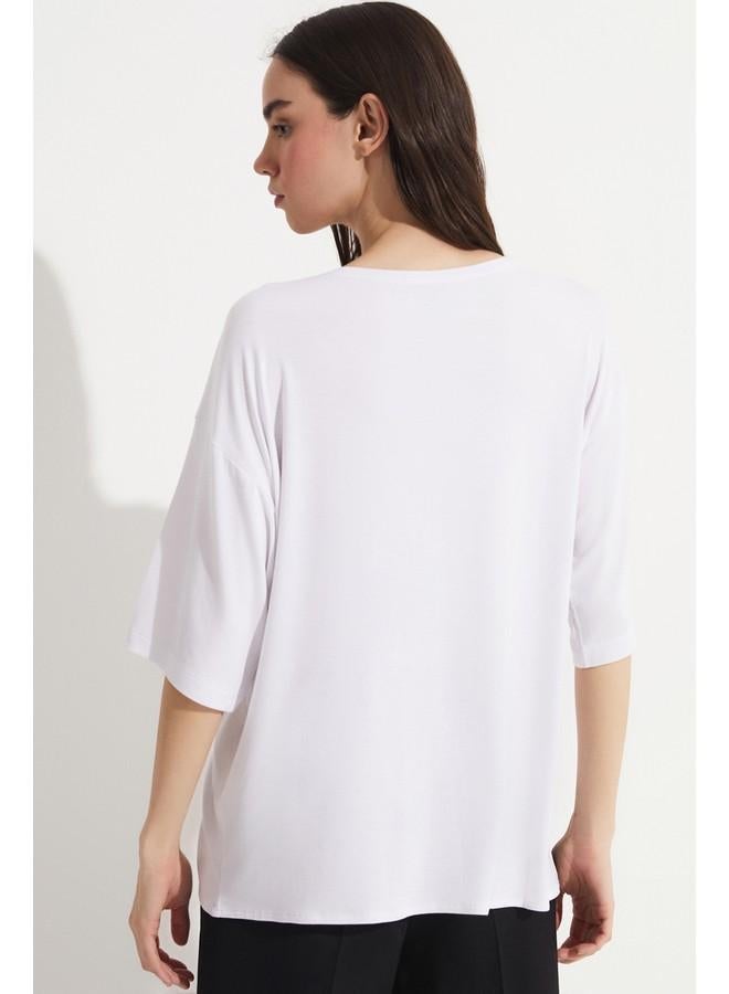 JUNE V Neck Loose Fit 100% Cotton Tshirt White - Image 4