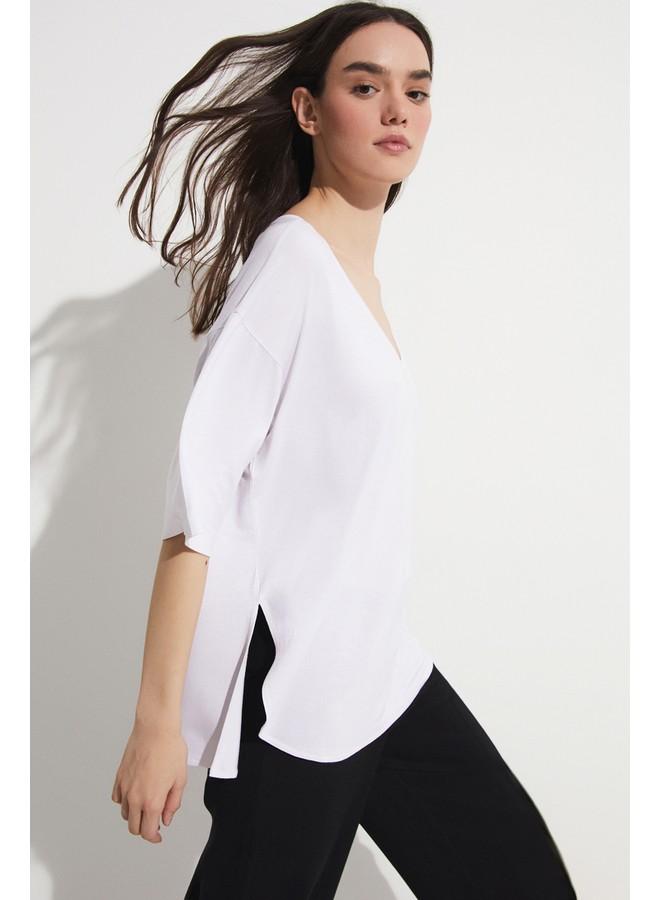 JUNE V Neck Loose Fit 100% Cotton Tshirt White - Image 5