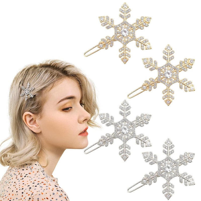DonLeeving 4 PACK Snowflake Rhinestone Hair Clips Winter Holiday Crystal Hairpin Barrette Wedding Bridal Hair Accessories for Women Girls