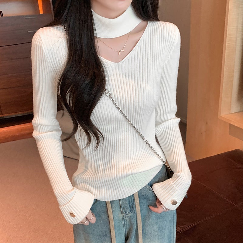 Autumn Winterhalter V-Neck Knitted Top Sensible Niche Base Sweater Inner Stylish Womens Pullover New Arrival White [skin-friendly and comfortable style]