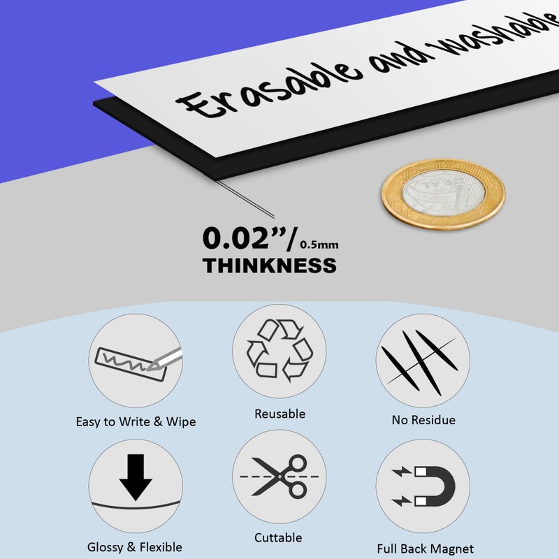 LLPT Dry Erase Magnetic Label Strips 10 Pack 1" x 12" Blank Reusable Writable Magnet Stickers for Organizing Labeling on Fridge Whiteboard Crafts and More Metallic Surfaces White(DMS11210WT) - Image 2