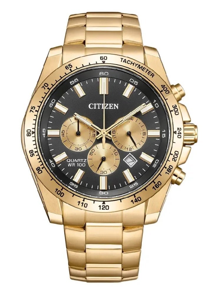 CITIZEN Chronograph Men's Watch AN8233-51E, 44 mm Black Dial, Gold-Tone Stainless Steel Case & Bracelet, 100 m WR - Image 1