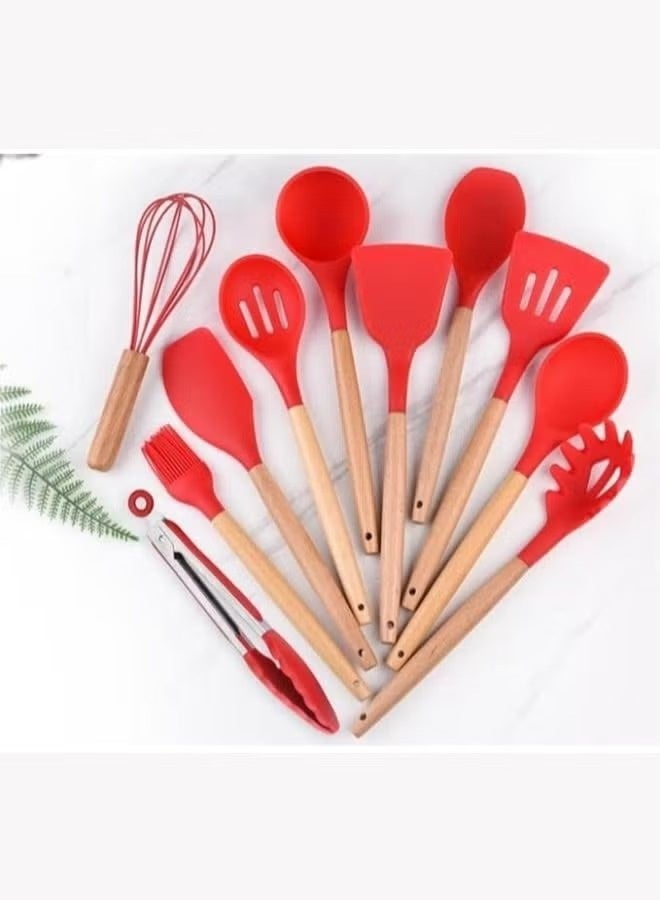 12 Piece Silicone Cooking Utensil Set with Wooden Handles – Heat Resistant Non-Stick Safe Dishwasher Safe - Image 1