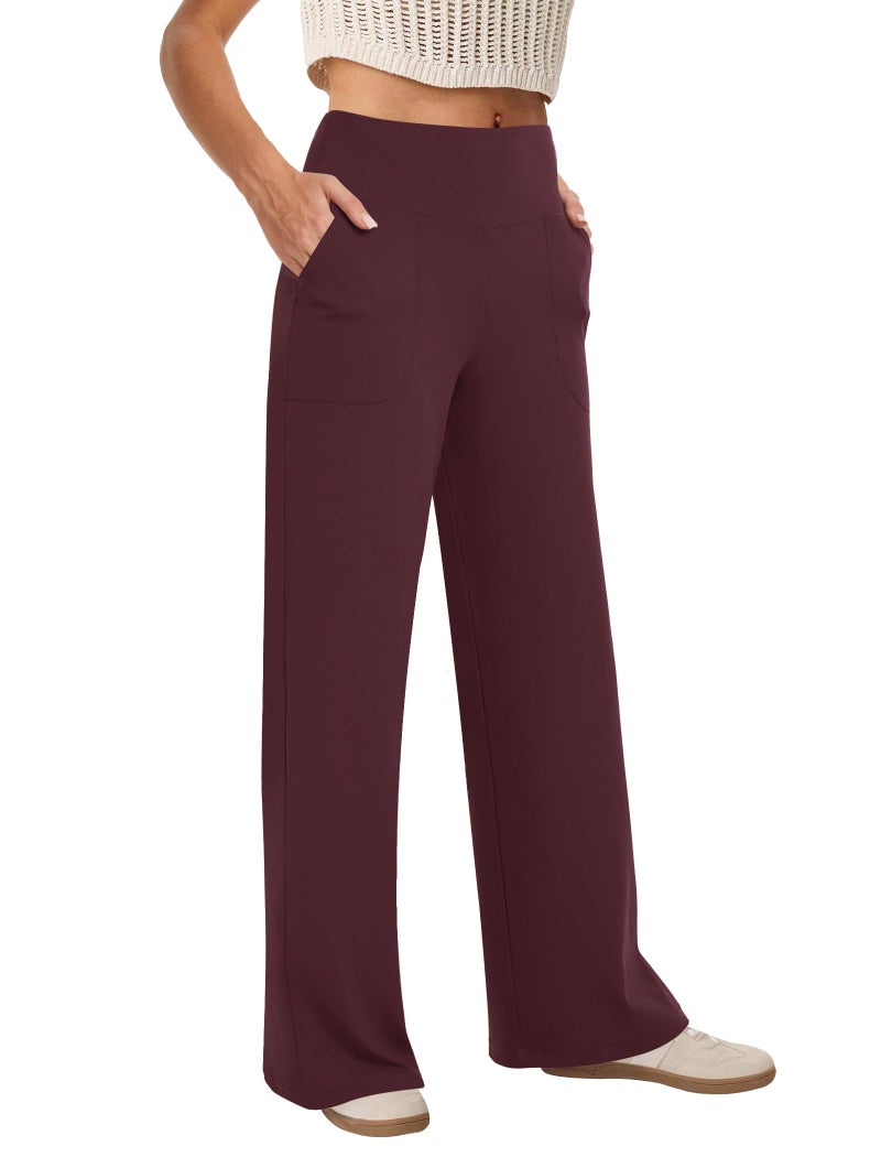 COPYLEAF Wide Leg Pants Woman High Waist Yoga Pants with Pockets Loose Stretch Dress Work Sweatpants Casual Lounge(Wine S) - Image 1