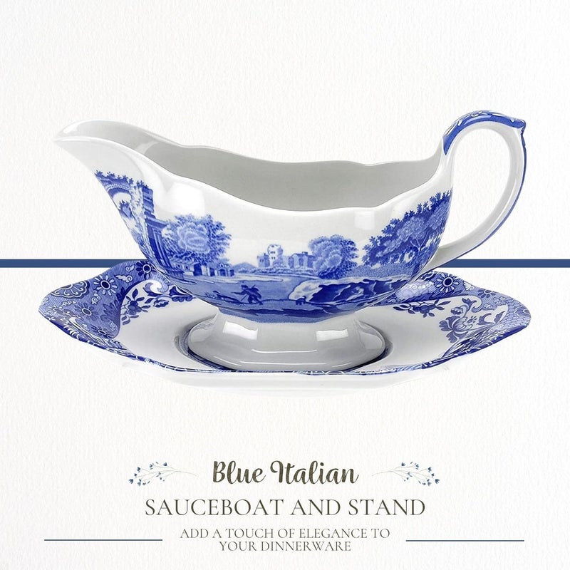 Spode Blue Italian 9 Oz Gravy Boat and Saucer, Earthenware Sauce Boat with Large Handle, Classic Countryside Design, Perfect for Gravy, Sauces, Salad Dressings, Dishwasher & Microwave Safe - Image 3