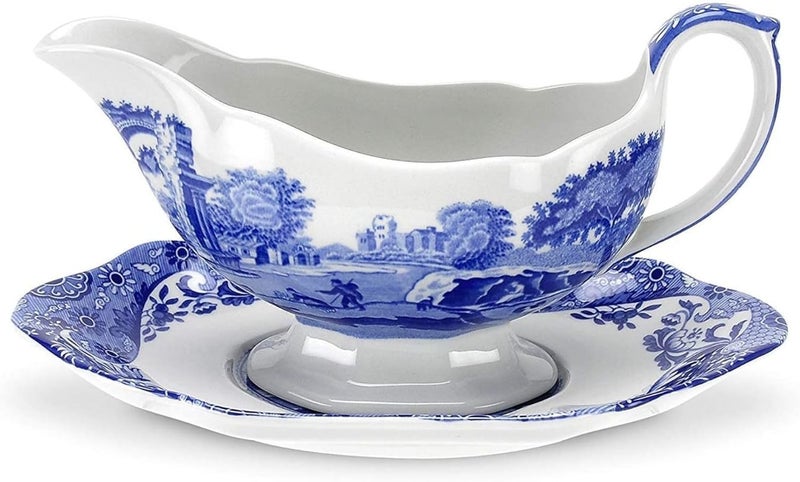 Spode Blue Italian 9 Oz Gravy Boat and Saucer, Earthenware Sauce Boat with Large Handle, Classic Countryside Design, Perfect for Gravy, Sauces, Salad Dressings, Dishwasher & Microwave Safe - Image 1