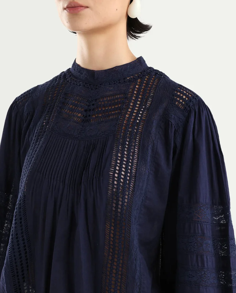 Rareism Women's Lace Detail Balloon Sleeve Blouse