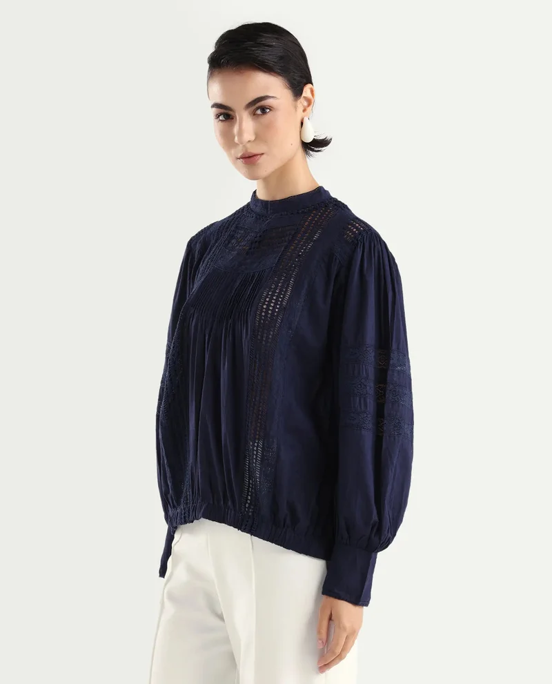 Rareism Women's Lace Detail Balloon Sleeve Blouse
