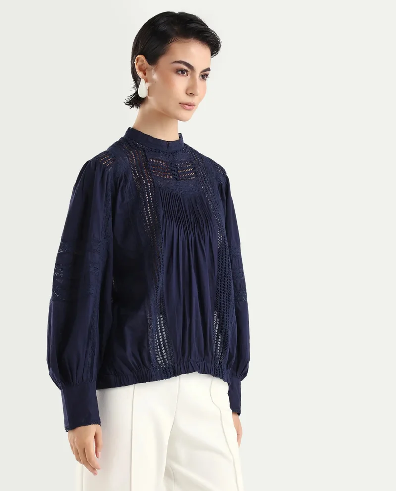 Rareism Women's Lace Detail Balloon Sleeve Blouse
