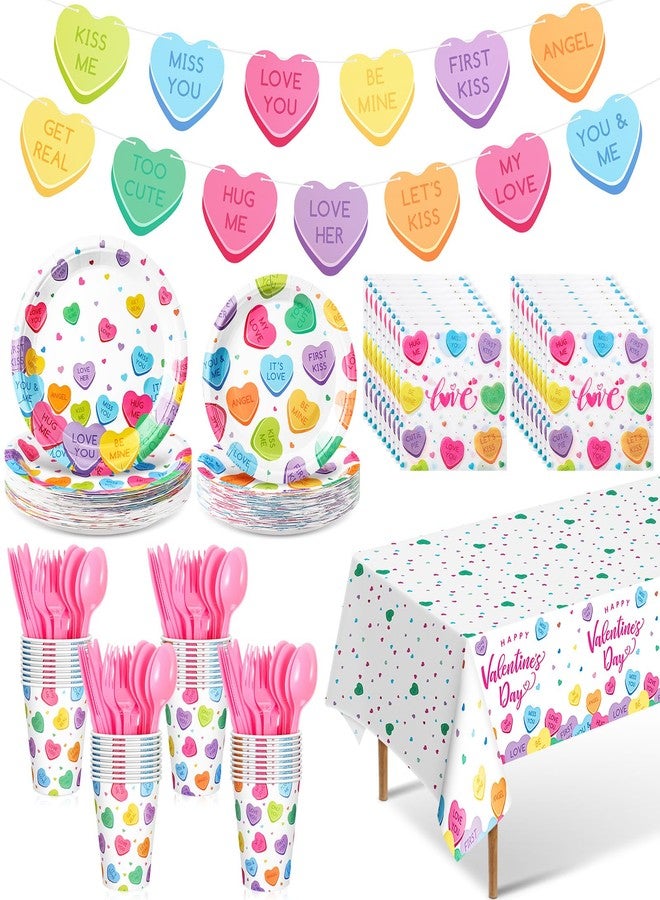 Ziliny 171 Pcs Valentine's Day Party Supplies for 24 Guests Conversation Hearts XOXO Paper Plates Napkins Cups Banner Tablecloth Cutlery for Galentines Day Tableware Decor(Multicolor,Fresh Style) - Image 1