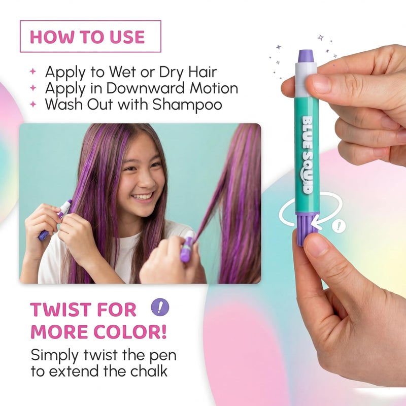 Blue Squid Hair Chalk for Girls Pens â€“ 10 Vibrant Temporary Hair Color for Kids - Ideal Christmas, Birthday Gifts for Girls & Teens - Kid Safe, Washable Hair Dye for Ages 6 7 8 9 10 11 12 - Image 5