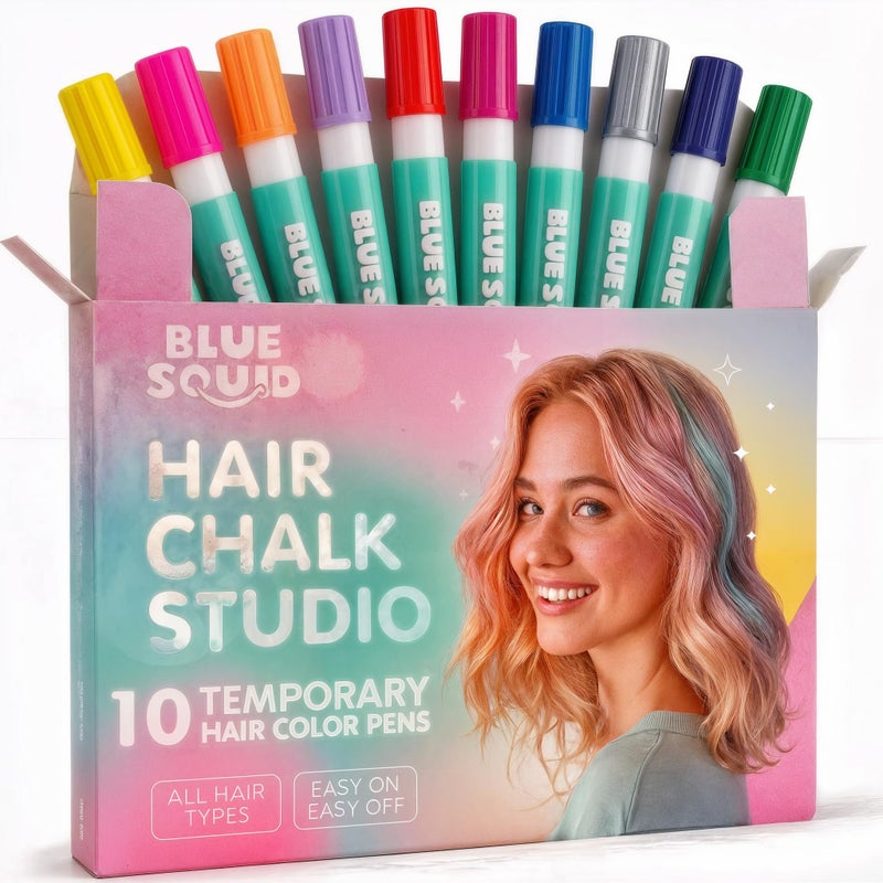 Blue Squid Hair Chalk for Girls Pens â€“ 10 Vibrant Temporary Hair Color for Kids - Ideal Christmas, Birthday Gifts for Girls & Teens - Kid Safe, Washable Hair Dye for Ages 6 7 8 9 10 11 12 - Image 1