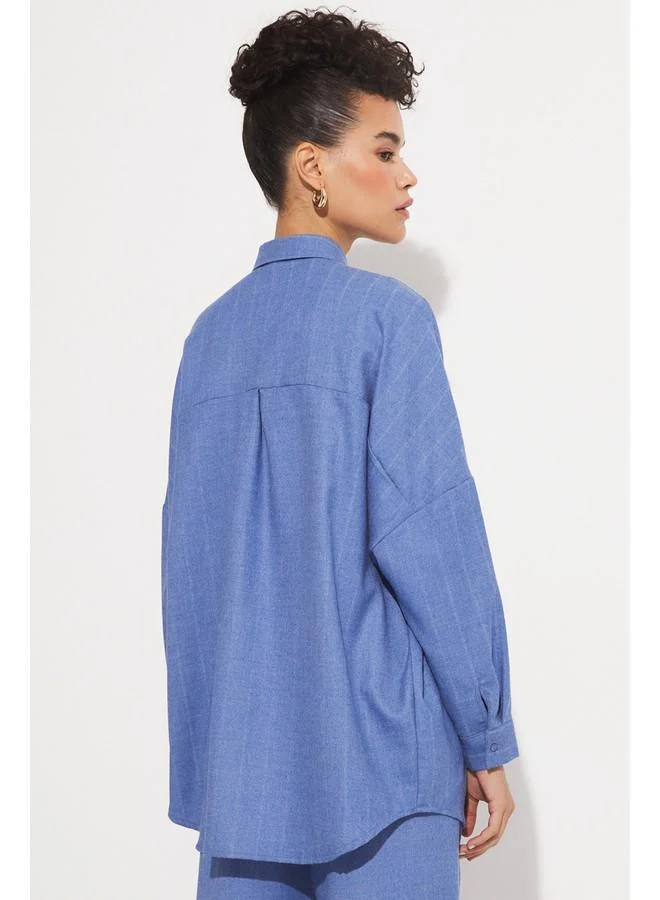 JUNE June Women Exclusive Boyfirend/Wide Fit Viscose Blend Striped Shirt Blue