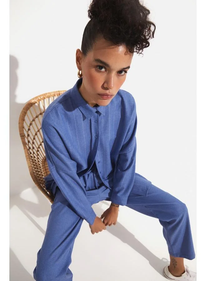 JUNE June Women Exclusive Boyfirend/Wide Fit Viscose Blend Striped Shirt Blue