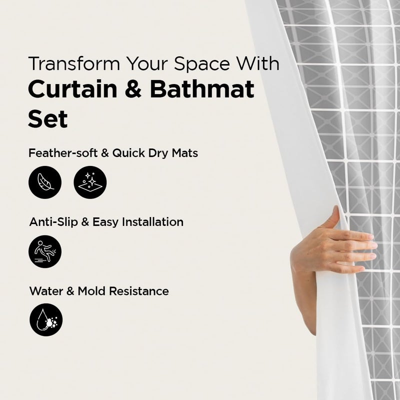 Umai UMAI Shower Curtain (180X180 cm) & Bathmat 3 Pcs Set|6ft|Creative Vibrant Coloured Polyster Curtain Sets with Non-Slip Bath mats for Bathroom|Easy-Slide Curtains|Quick Dry,Soft Mats  - Image 2