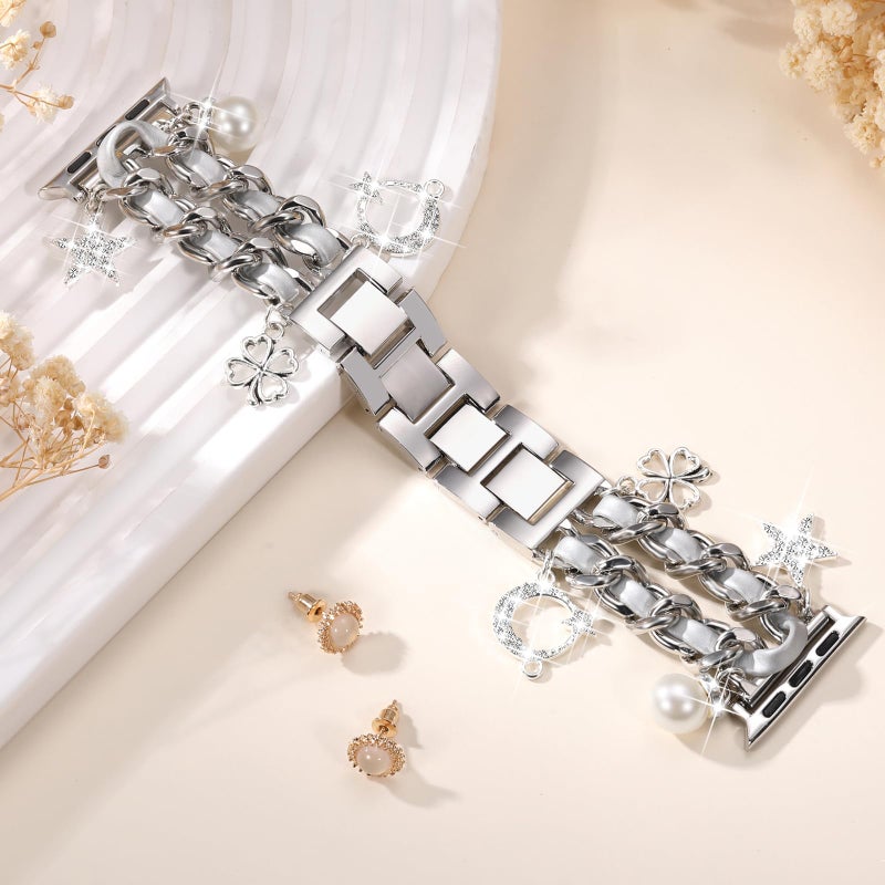 DaQin Stylish Metal Band Compatible with Apple Watch Band for Women 40mm 38mm 41mm 42mm,Pretty Chain Replacement Strap with Apple Watch Accessories Charms for iWatch Series 11 10 9 8 7 6 5 4 3 2 1 SE - Image 2