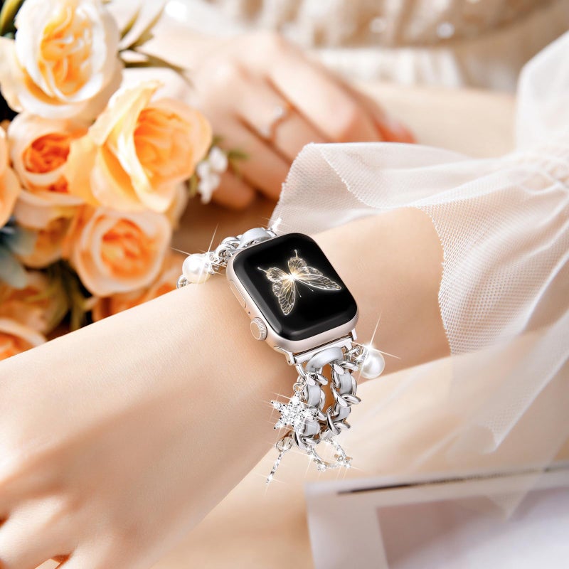 DaQin Stylish Metal Band Compatible with Apple Watch Band for Women 40mm 38mm 41mm 42mm,Pretty Chain Replacement Strap with Apple Watch Accessories Charms for iWatch Series 11 10 9 8 7 6 5 4 3 2 1 SE - Image 3