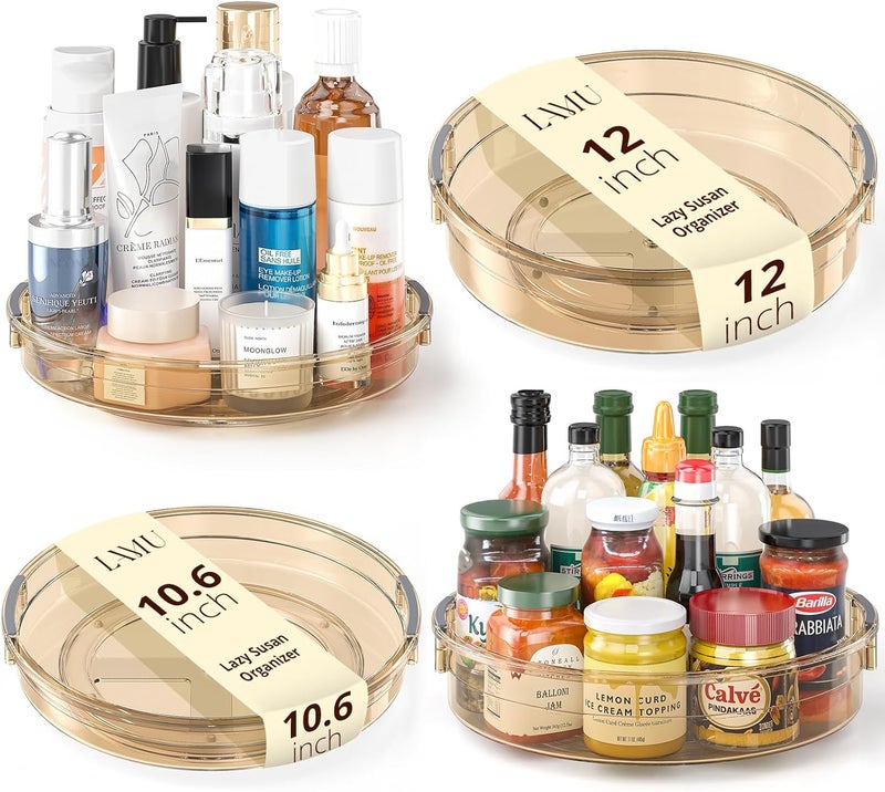 LAMU 4 Pack Lazy Susan Organizer, Lazy Susan Turntable for Cabinet, Refrigerator, Table Top, Kitchen, Bathroom, Pantry Organizers and Storage, 12in 10.6in, Amber - Image 1