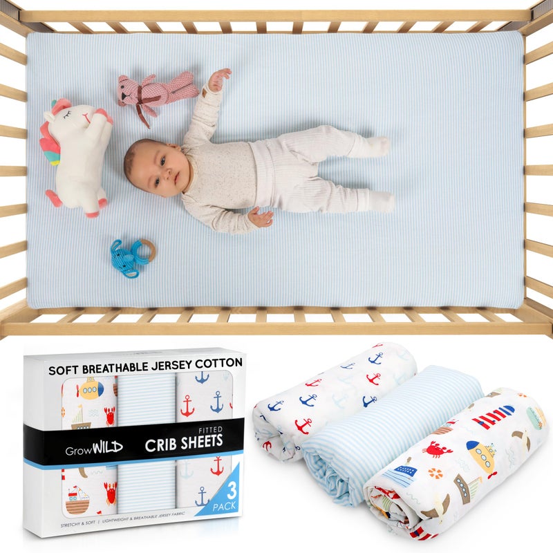 GrowWILD Grow Wild Nautical & Ships Baby Crib Sheets For Boys (3 Pack) - Jersey Knit Fitted Sheet (52"" X 28"")  Toddler Bedding Set & Baby Boy Crib Bedding Set  Anchors And Ships With Stripes - Image 2