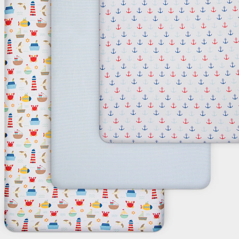 GrowWILD Grow Wild Nautical & Ships Baby Crib Sheets For Boys (3 Pack) - Jersey Knit Fitted Sheet (52"" X 28"")  Toddler Bedding Set & Baby Boy Crib Bedding Set  Anchors And Ships With Stripes - Image 3