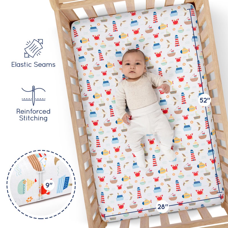GrowWILD Grow Wild Nautical & Ships Baby Crib Sheets For Boys (3 Pack) - Jersey Knit Fitted Sheet (52"" X 28"")  Toddler Bedding Set & Baby Boy Crib Bedding Set  Anchors And Ships With Stripes - Image 4