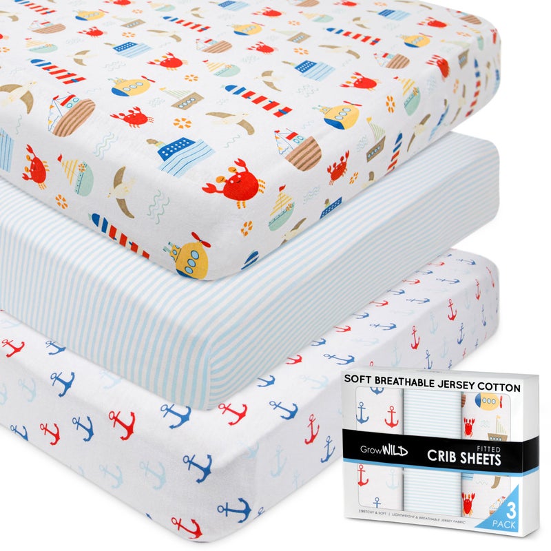 GrowWILD Grow Wild Nautical & Ships Baby Crib Sheets For Boys (3 Pack) - Jersey Knit Fitted Sheet (52"" X 28"")  Toddler Bedding Set & Baby Boy Crib Bedding Set  Anchors And Ships With Stripes - Image 1